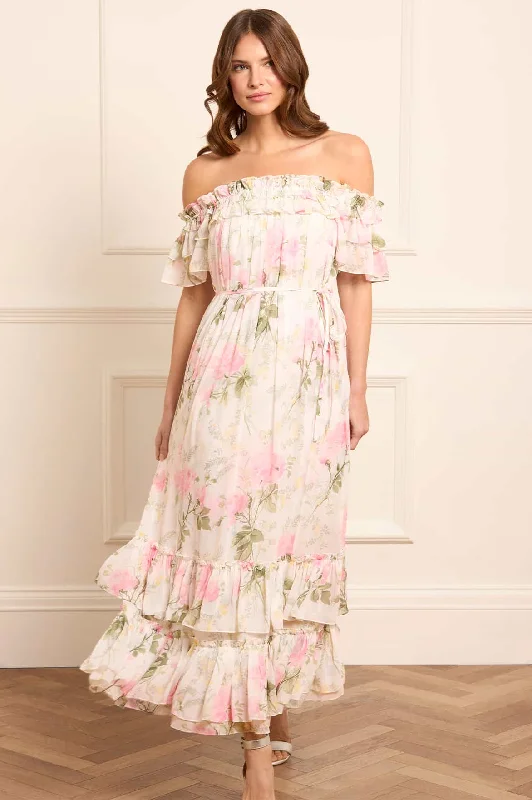 Midi dresses with pom - pom trims for a playful and festive look Rose Chiffon Off-Shoulder Ankle Gown Midi dresses with pom - pom trims for a playful and festive look Rose Chiffon Off-Shoulder Ankle Gown