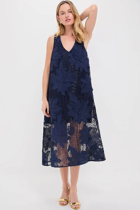 Midi dresses with ruffled hems for a romantic date night Navy Embroidered Lace Sol Dress Midi dresses with ruffled hems for a romantic date night Navy Embroidered Lace Sol Dress
