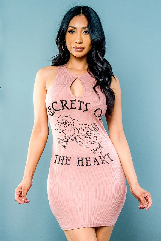 Mini dresses with one - shoulder designs 'Secrets of The Heart' Halter Strappy Racer Back Graphic Tee Mini Dress with Keyhole Front (MD-130)