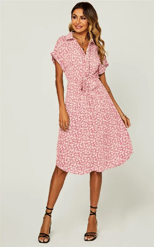 Midi dresses with halter necks for a stylish and comfortable option Lockeres, Midi-Hemdkleid mit Blumenmuster und Knopfleiste in Pink