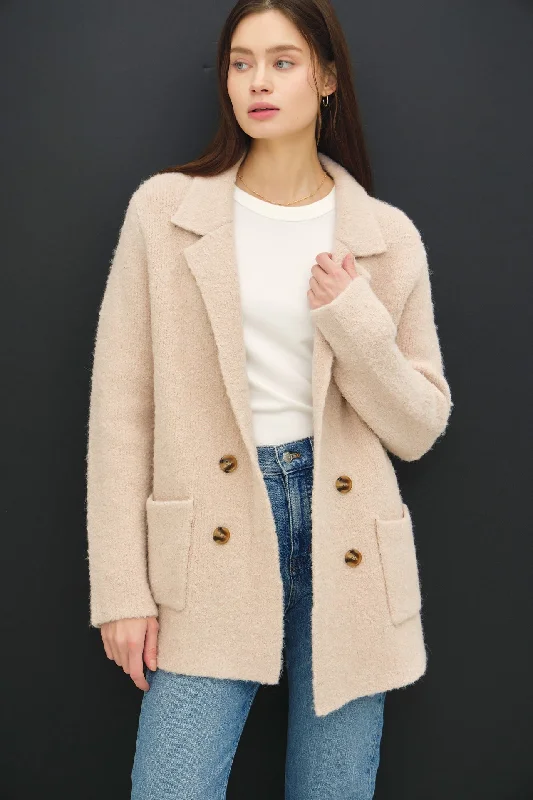 cropped women cardigan to pair with high - waisted jeansTextured Double-Breasted Coat with Pockets