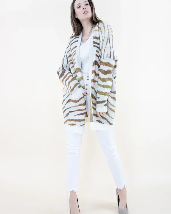 color block women cardigan with bold huesGold & White Tiger Print Cardigan w/ Pockets