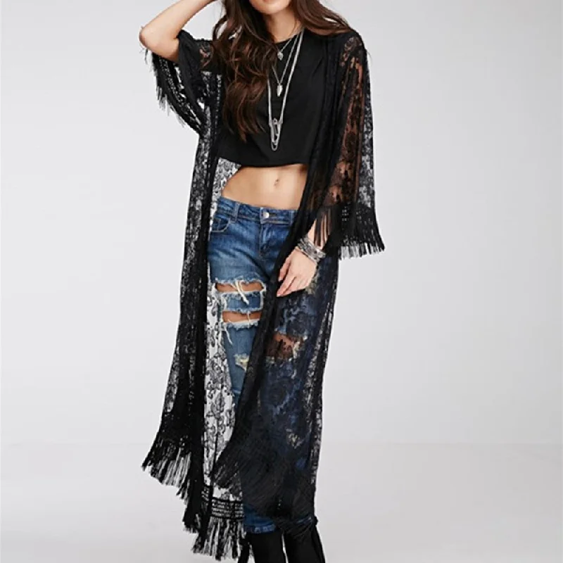 sequin embellished women cardigan for special occasionsAmy Fashion - Long Perspective Kimono Loose Tassels Shawl Cardigan