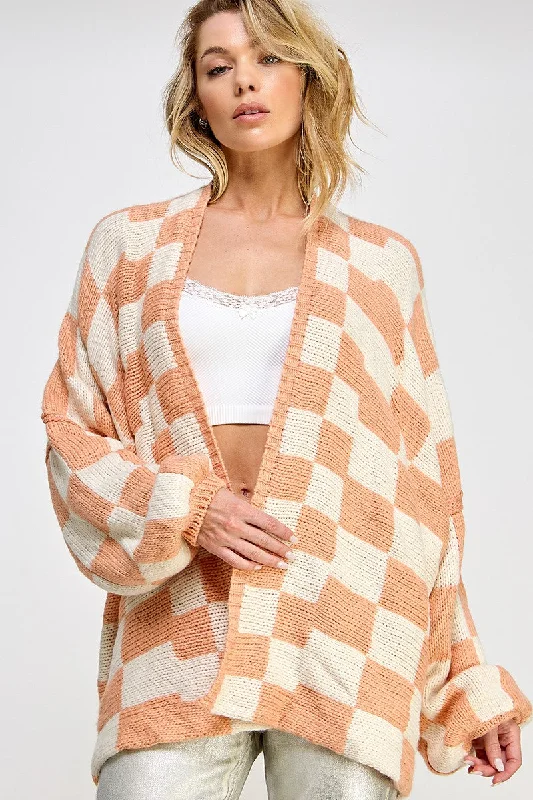 hooded women cardigan for added warmth and stylePeach Checkered Oversized Cardigan