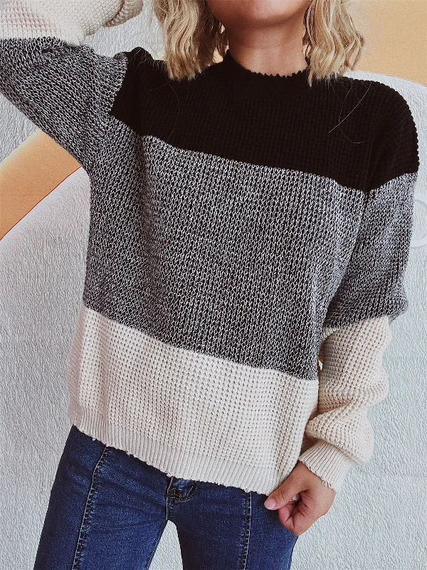 Split - Hem Women's Linen Blend Sweaters for SpringColor Block Long Sleeve Sweater