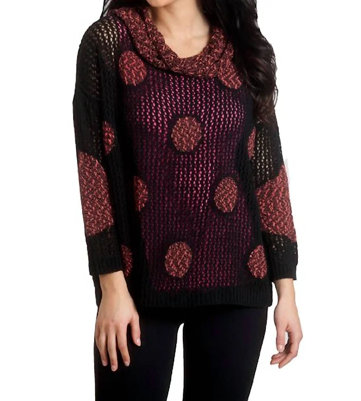 Women's Long Sleeve Turtleneck Cashmere SweatersCrochet Dot Poncho In Blackfucshia