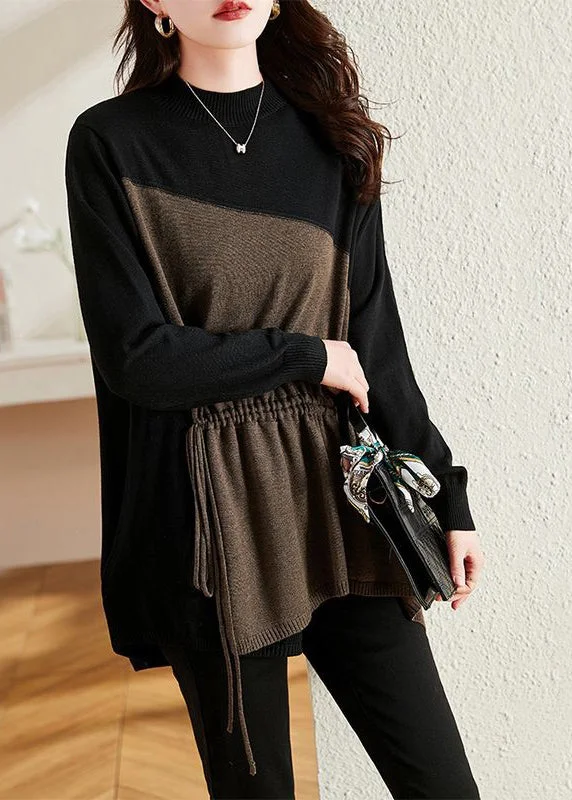 Boat Neck Women's Merino Wool Sweaters in Neutral ShadesFrench Black Asymmetrical Patchwork Drawstring Knit Sweaters Fall Boat Neck Women's Merino Wool Sweaters in Neutral ShadesFrench Black Asymmetrical Patchwork Drawstring Knit Sweaters Fall