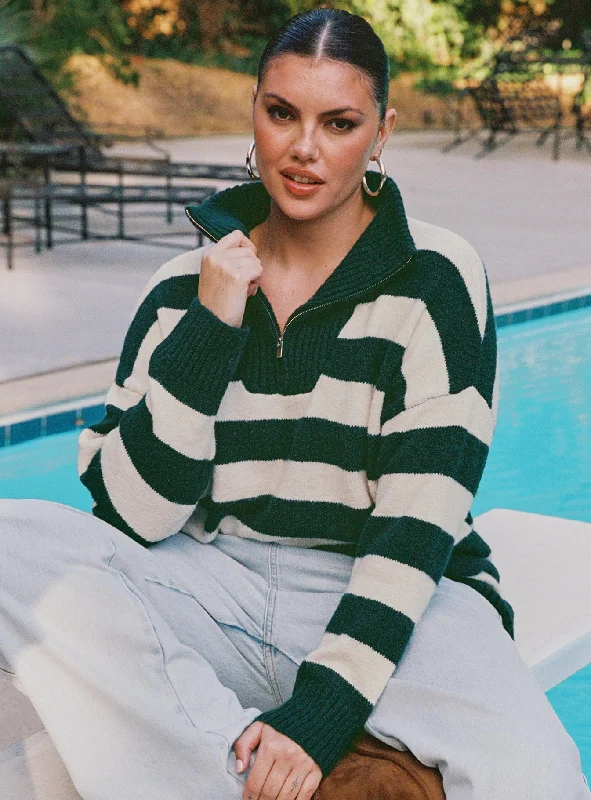 Open - Front Women's Cardigan - Style Mohair SweatersNeena Quarter Zip Sweater Green / Cream Curve