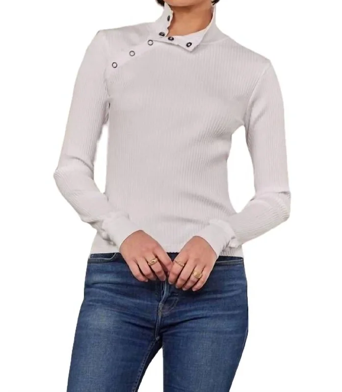 Plus Size Women's Open - Front Cardigan Style Sweater DressesAndre Long Sleeve Snap Turtleneck Top In White