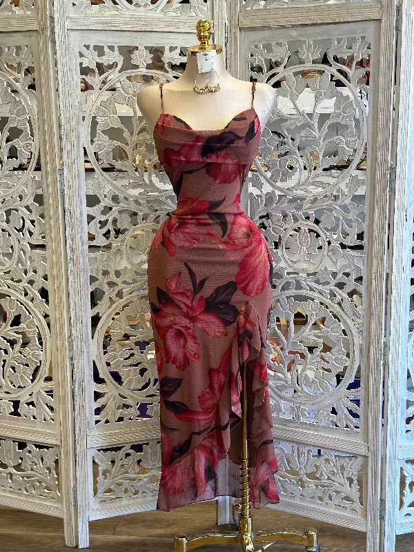 Plus Size Women Dress with a Flattering A - Line Cut for Comfort and StyleCowl Neck Floral Ruffle Slit Dress - Estira, Stretchy