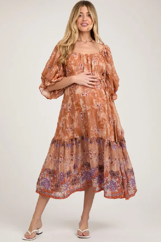 Off - the - Shoulder Women Dress for a Romantic and Feminine Look Off - the - Shoulder Women Dress for a Romantic and Feminine Look Rust Floral Puff Sleeve Tiered Maternity Midi Dress