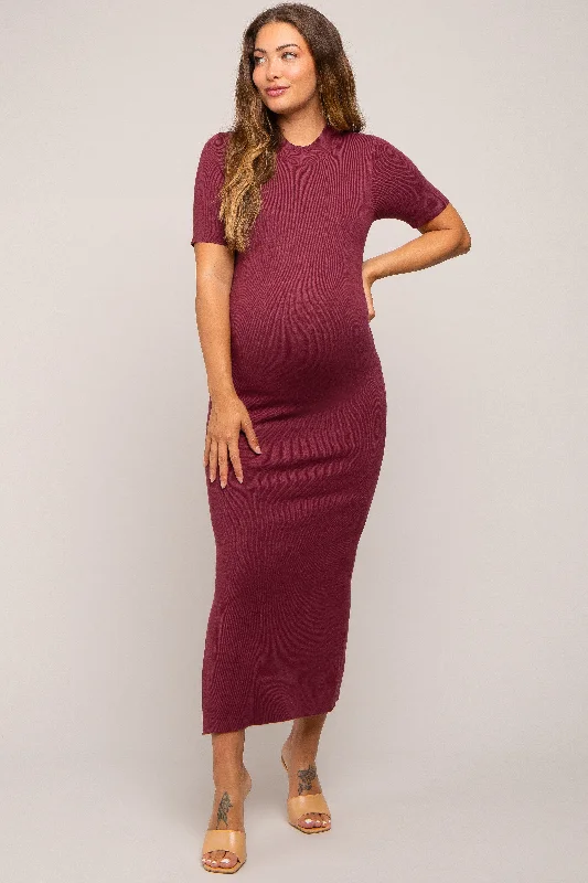 Sheath midi dresses with beaded embellishments for a formal occasionBurgundy Knit Fitted Mock Neck Maternity Midi Dress