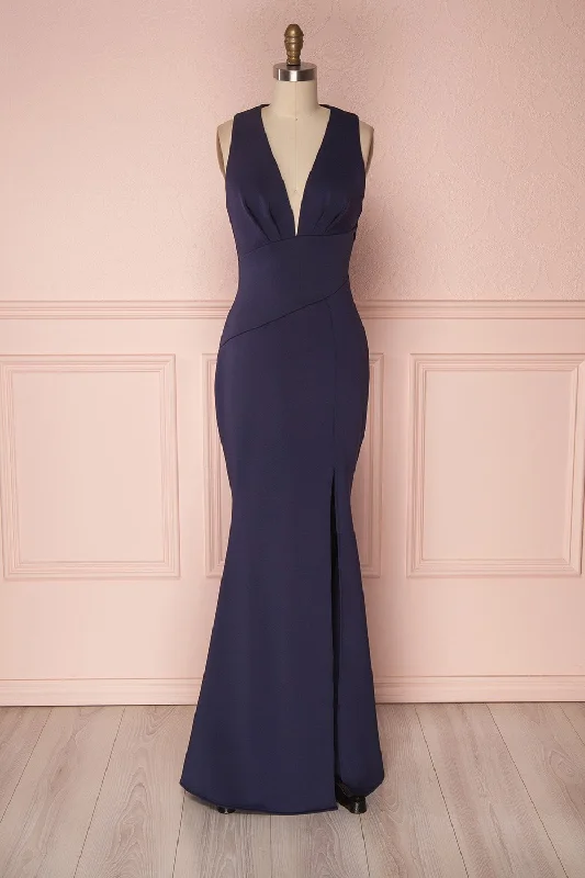 Midi dresses with belted waists to accentuate the figureCamila Sea | Navy Blue Mermaid Gown
