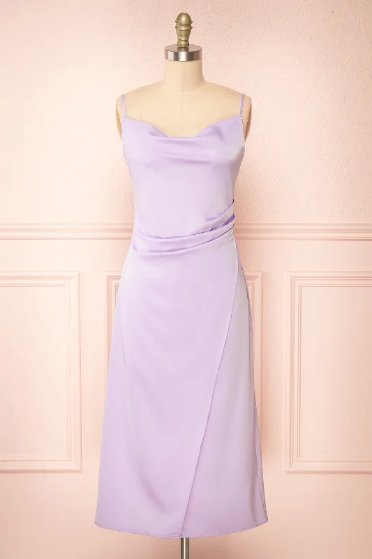 Midi dresses with ruffled hems for a romantic date nightChloe Lilac | Cowl Neck Satin Midi Slip Dress