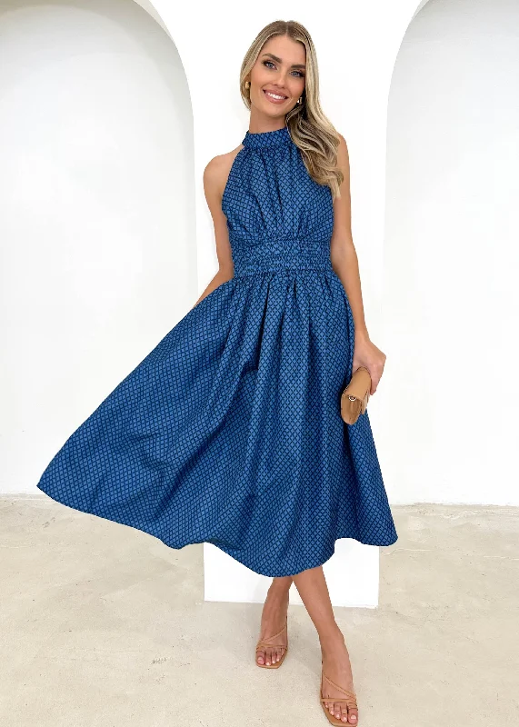 Midi dresses with embroidered accents for a unique and detailed designExter Midi Dress - Navy Check