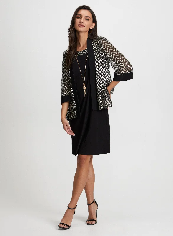 Midi dresses with asymmetric hems for a fashion - forward and dynamic appearanceMetallic Jacket, Dress & Necklace Set Midi dresses with asymmetric hems for a fashion - forward and dynamic appearanceMetallic Jacket, Dress & Necklace Set