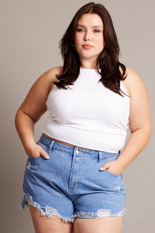 Studded Denim Top for a Glamorous and Bold StyleDenim Relaxed Shorts High Rise Distressed Hem