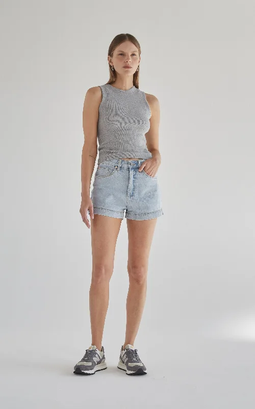 Button - Down Denim Top with a Classic DesignNada Sunbleached High Waisted Denim Shorts