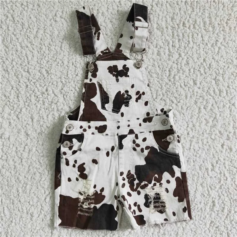 Women's Ruffled Hem Denim Shorts in Light Wash for a Feminine and Fashionable StyleSS0019  Cow print suspender denim shorts