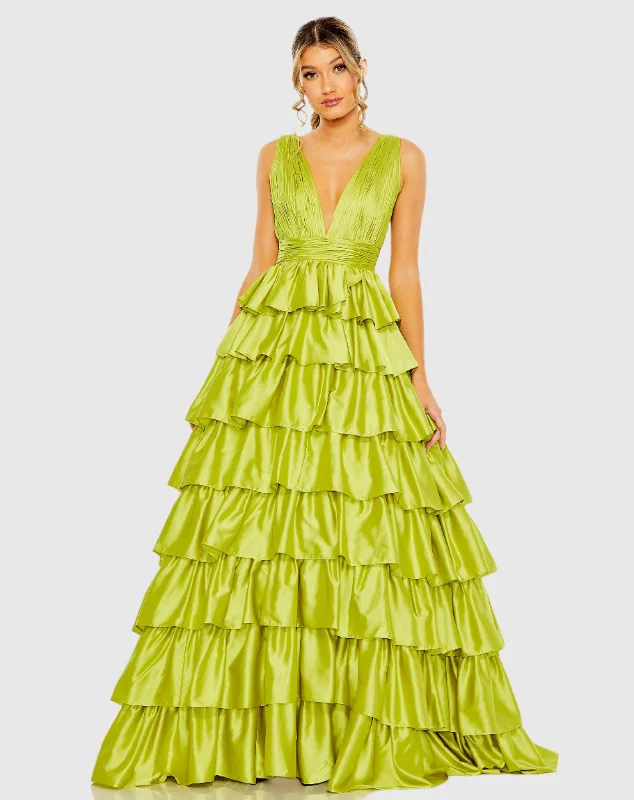 Maxi dresses with a paisley print for a classic and elegant styleGreen Ruffle Tiered Pleated Sleeveless V Neck Gown