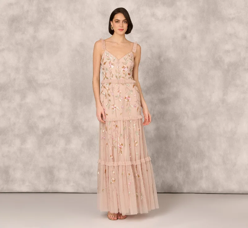 Linen maxi dresses for a breathable and lightweight summer optionFloral Beaded Tiered Gown With Ruffle Details In Pink Multi