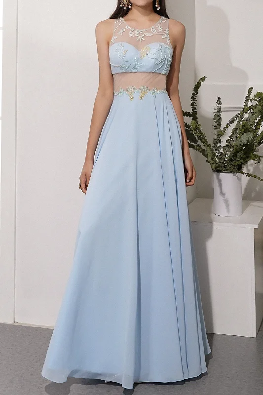 Long - cocktail dresses with a slit and a fitted bodiceBlue A Line Chiffon Prom Dress With Appliques