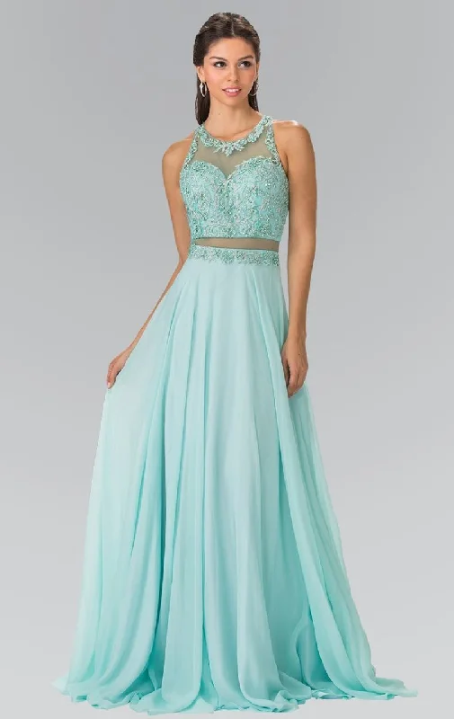 Prom dresses with gathered skirts and crystal - encrusted belts for a luxurious promElizabeth K - GL2347 Embellished Crew Neck Chiffon A-Line Dress