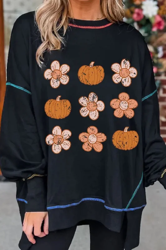 Plus - Size Bodysuits with a Comfortable and Flattering FitPumpkin & Flower Graphic Long Sleeve Sweatshirt