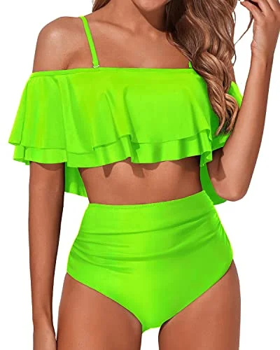 String bikini for a minimalistic and sexy beach styleStylish Off Shoulder High Waisted Bikini Set Swimsuit-Neon Green