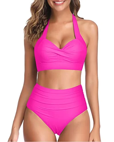 Long - line bikini top for added support and a fashionable lookHigh Waisted Pleated Front Panel Women's Bikini Swimsuits-Neon Pink